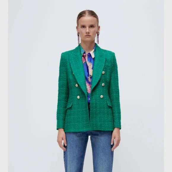 ZARA Balmain Style Double Breasted Blazer Textured Green - Picture 10 of 15